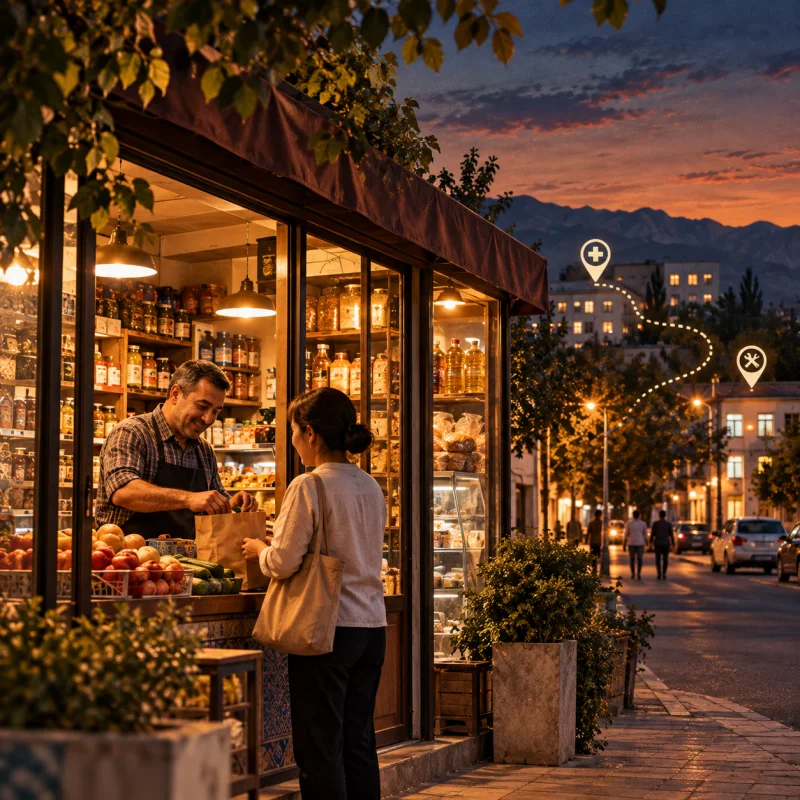 A local shopkeeper serving a customer in Almalyk, connected to nearby services